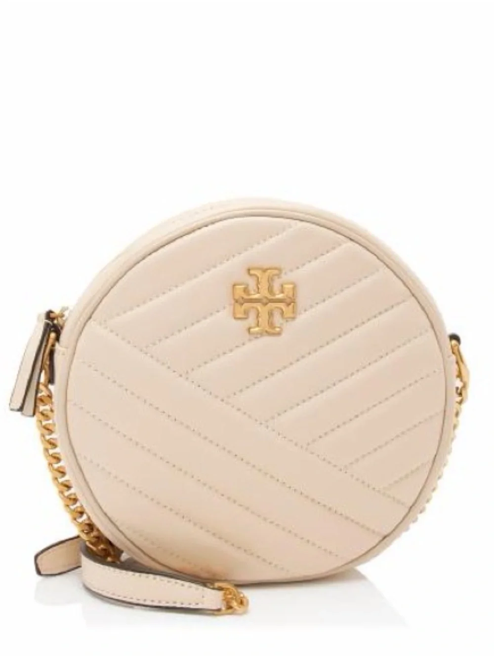 Tory Burch Cream Quilted Round Crossbody with Gold Logo